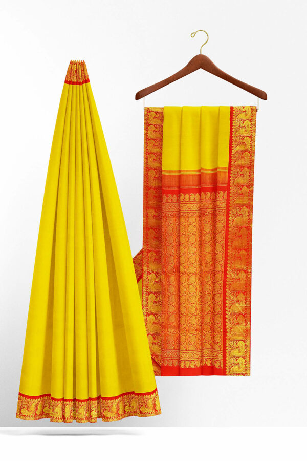 sri kumaran stores kanchipuram silk saree bright yellow saree with golden red border 3