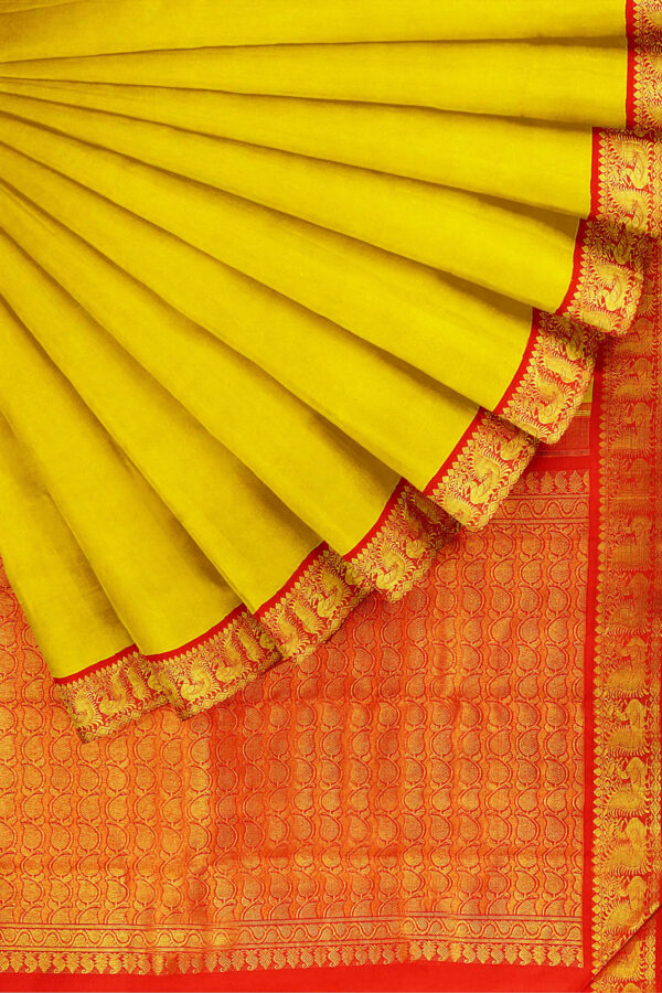 sri kumaran stores kanchipuram silk saree bright yellow saree with golden red border 4