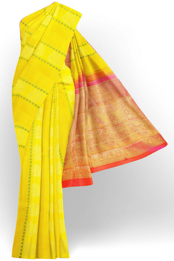 sri kumaran stores kanchipuram silk saree bright yellow saree with yellow border 2