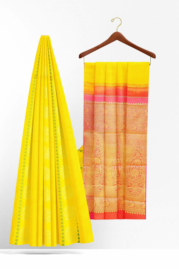 sri kumaran stores kanchipuram silk saree bright yellow saree with yellow border 3