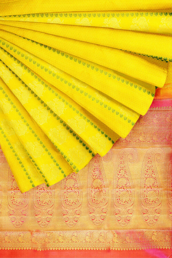 sri kumaran stores kanchipuram silk saree bright yellow saree with yellow border 4