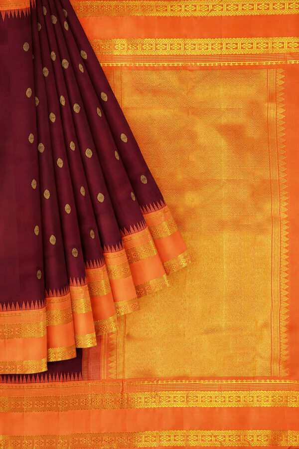 sri kumaran stores kanchipuram silk saree brown saree with golden orange border 1
