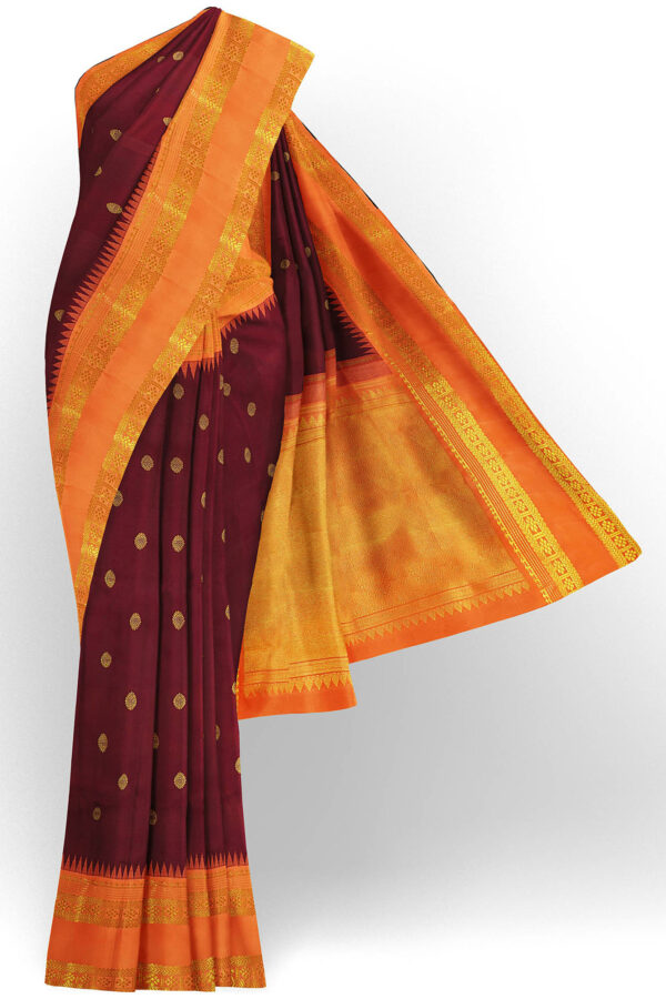 sri kumaran stores kanchipuram silk saree brown saree with golden orange border 2