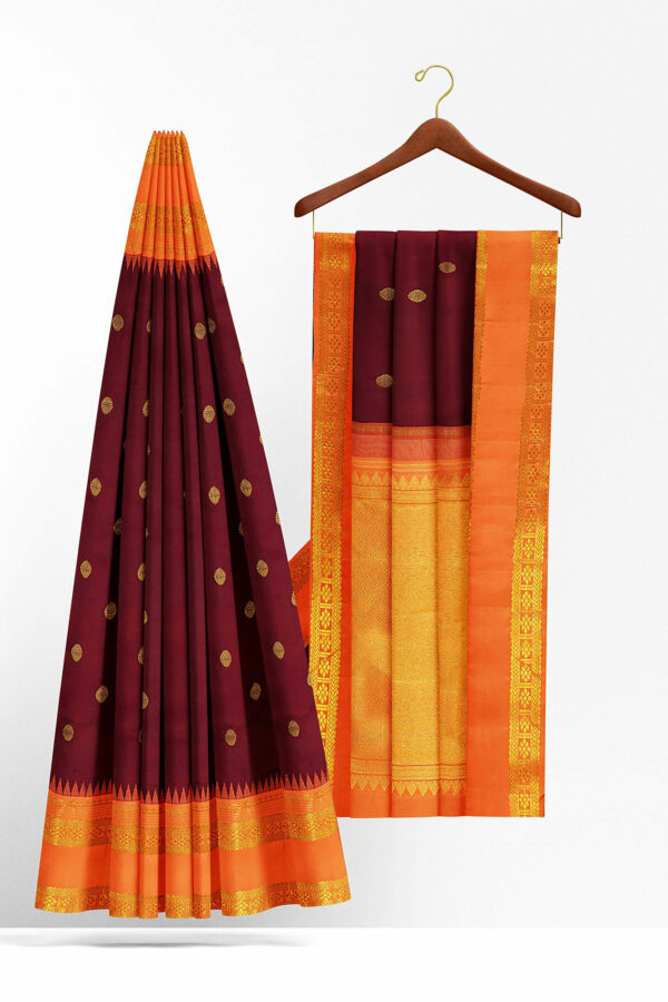 sri kumaran stores kanchipuram silk saree brown saree with golden orange border 3