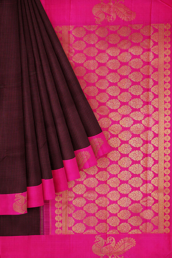 sri kumaran stores kanchipuram silk saree brown saree with pink border 1