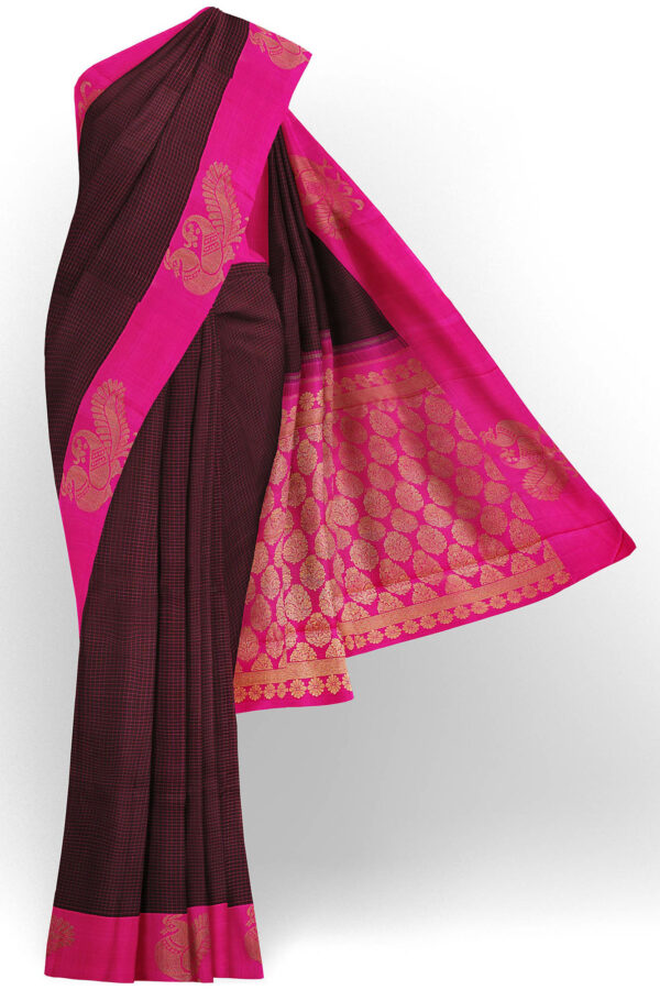 sri kumaran stores kanchipuram silk saree brown saree with pink border 2