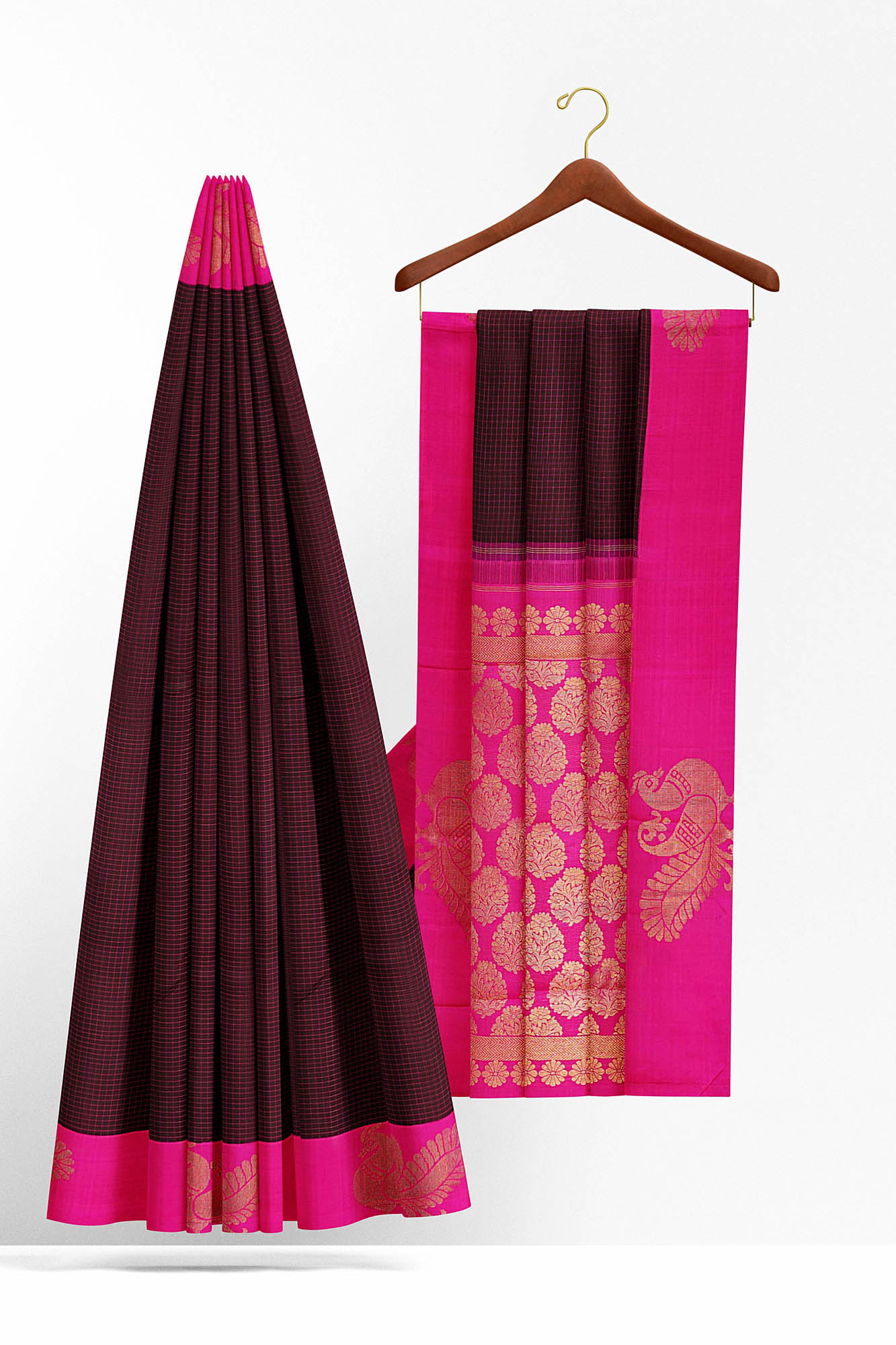 sri kumaran stores kanchipuram silk saree brown saree with pink border 3