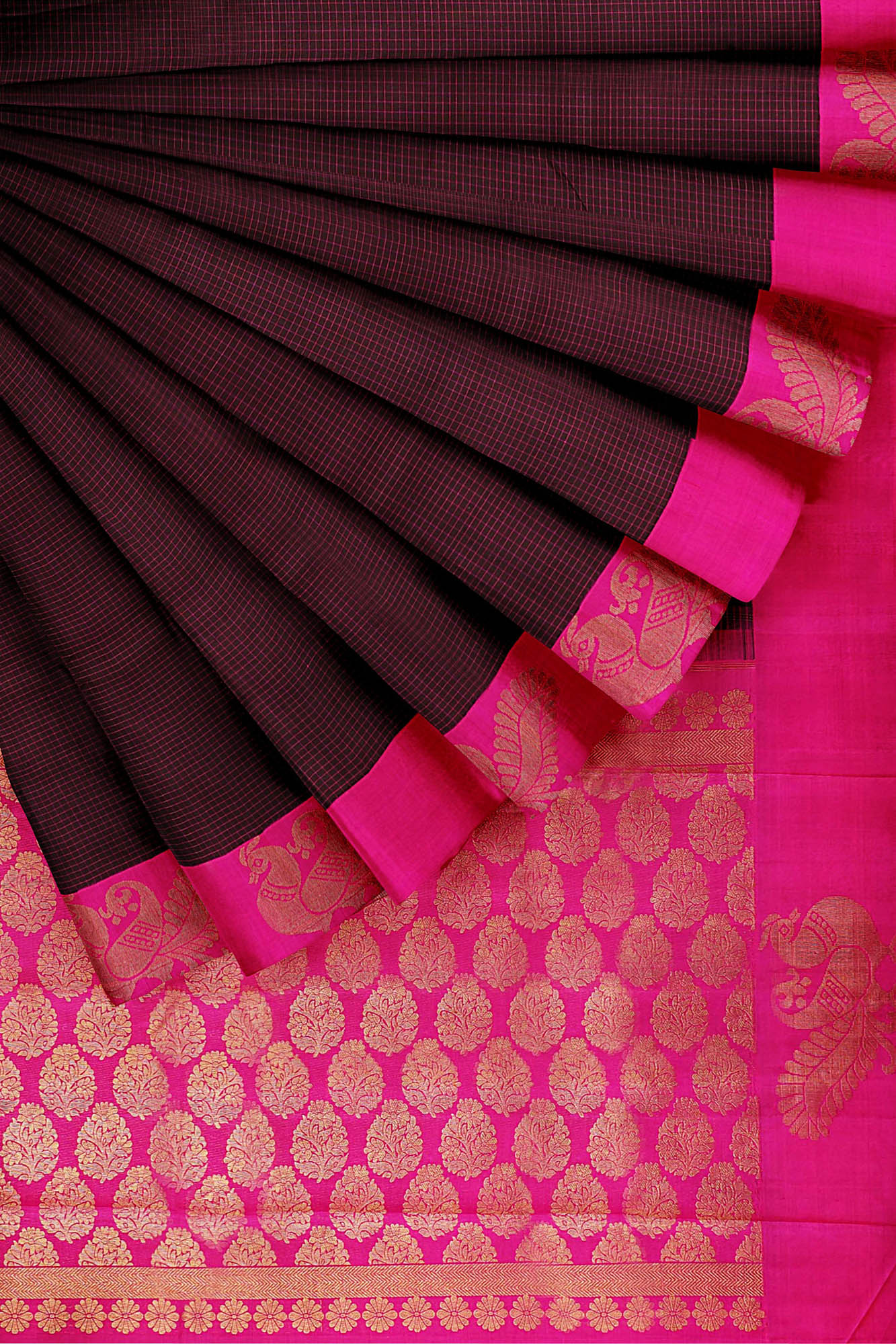 sri kumaran stores kanchipuram silk saree brown saree with pink border 4