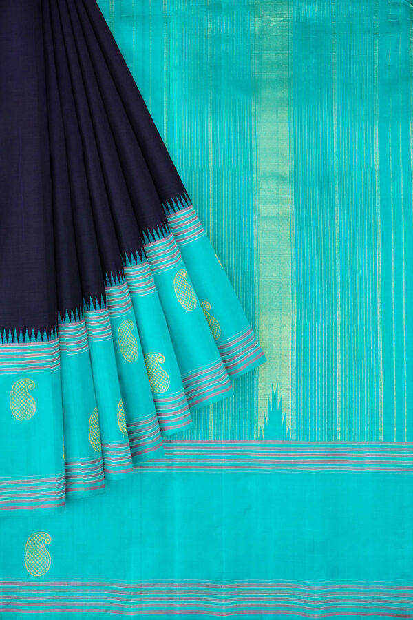 sri kumaran stores kanchipuram silk saree dark blue saree with sky blue border 1