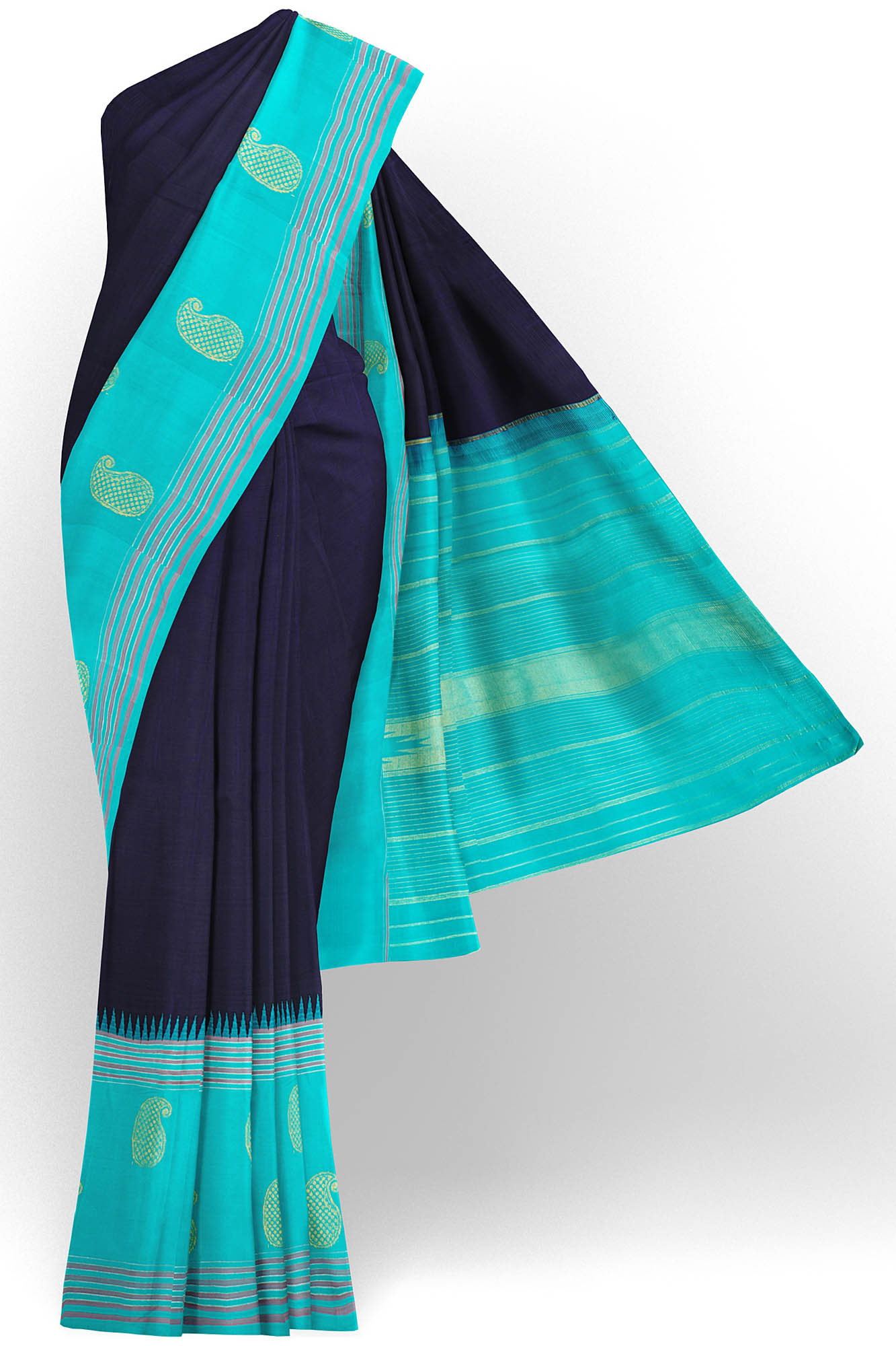 sri kumaran stores kanchipuram silk saree dark blue saree with sky blue border 2