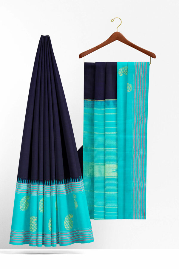 sri kumaran stores kanchipuram silk saree dark blue saree with sky blue border 3