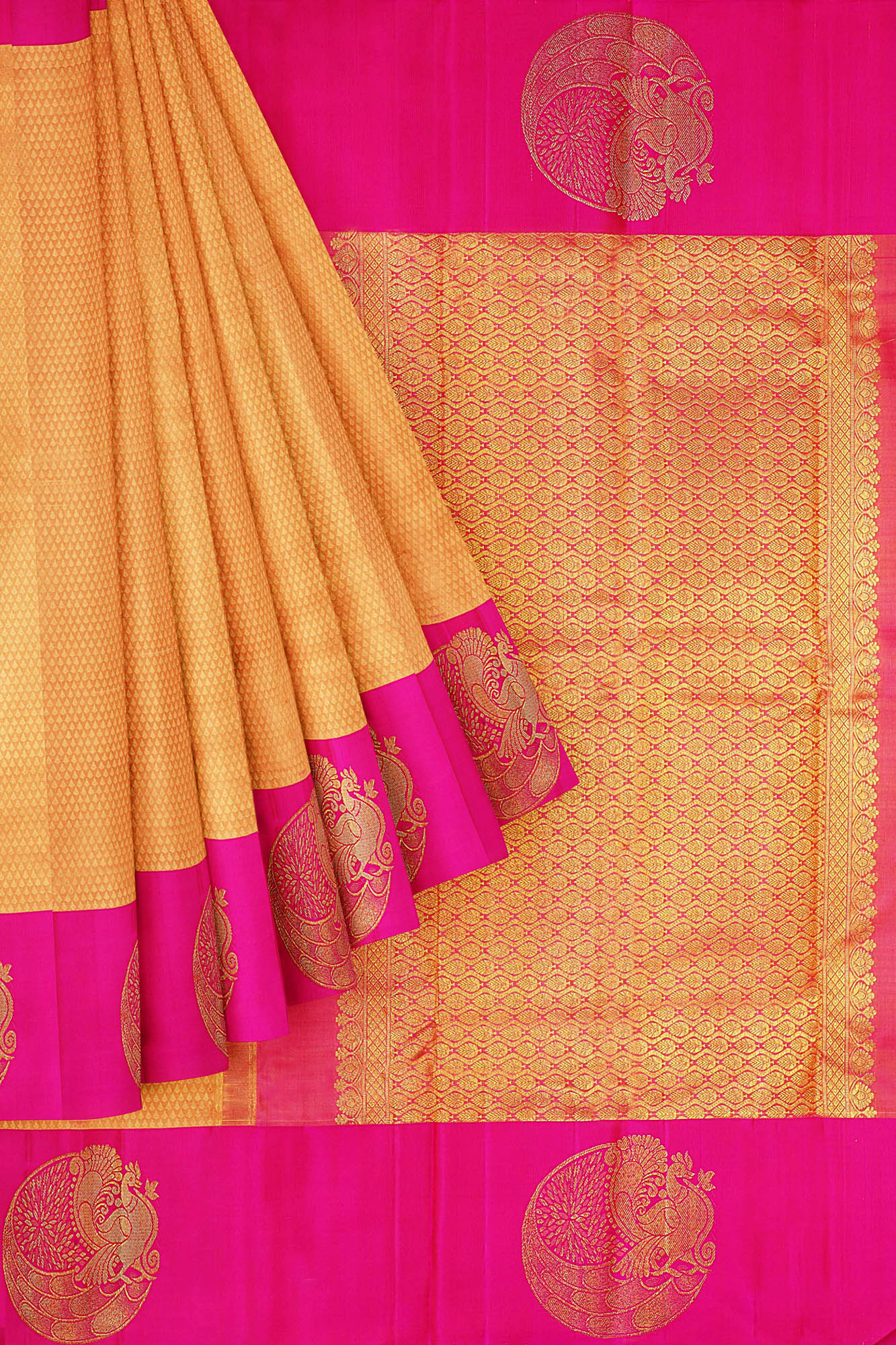 sri kumaran stores kanchipuram silk saree dark golden yellow saree with pink border 1
