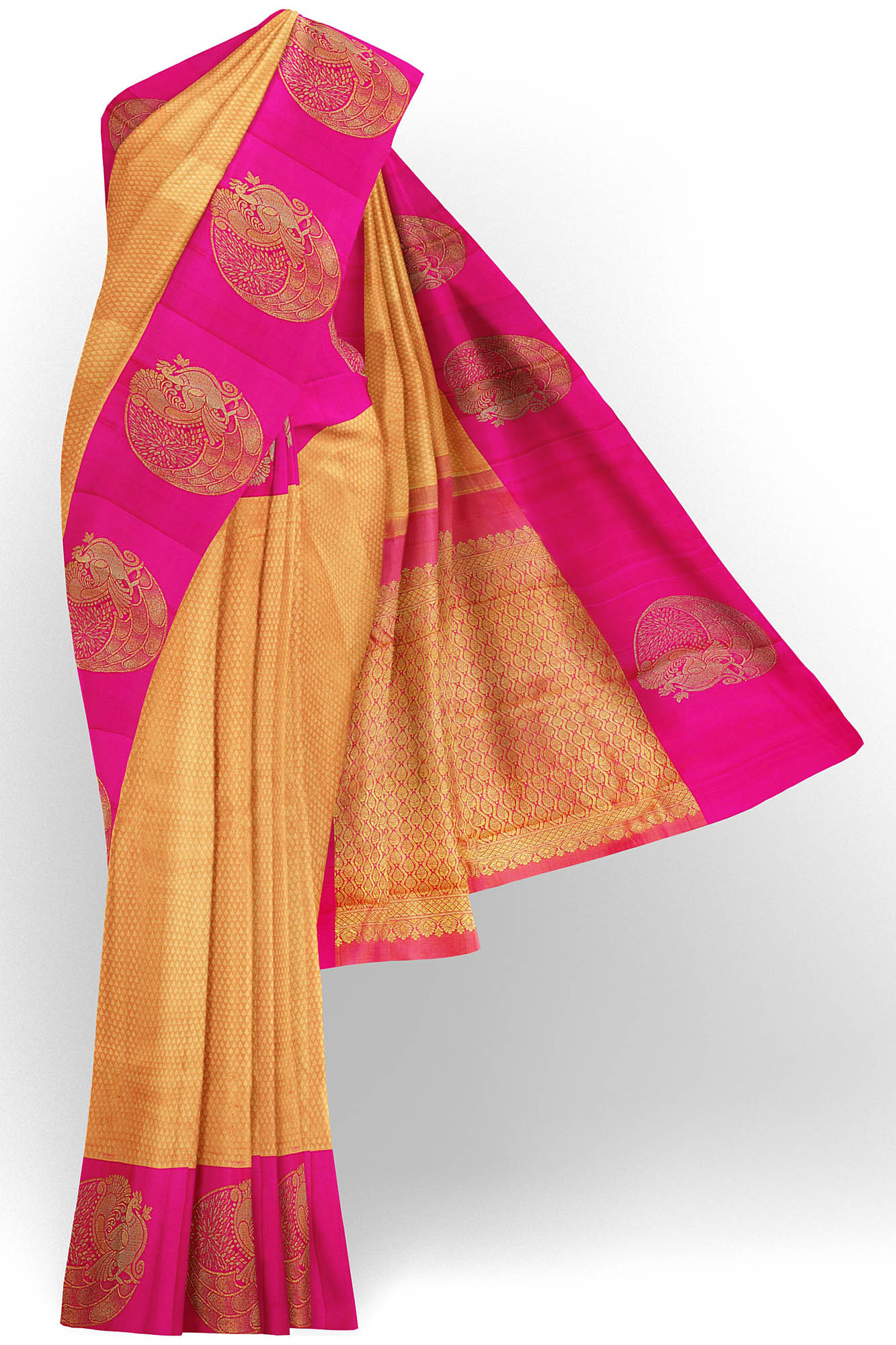sri kumaran stores kanchipuram silk saree dark golden yellow saree with pink border 2