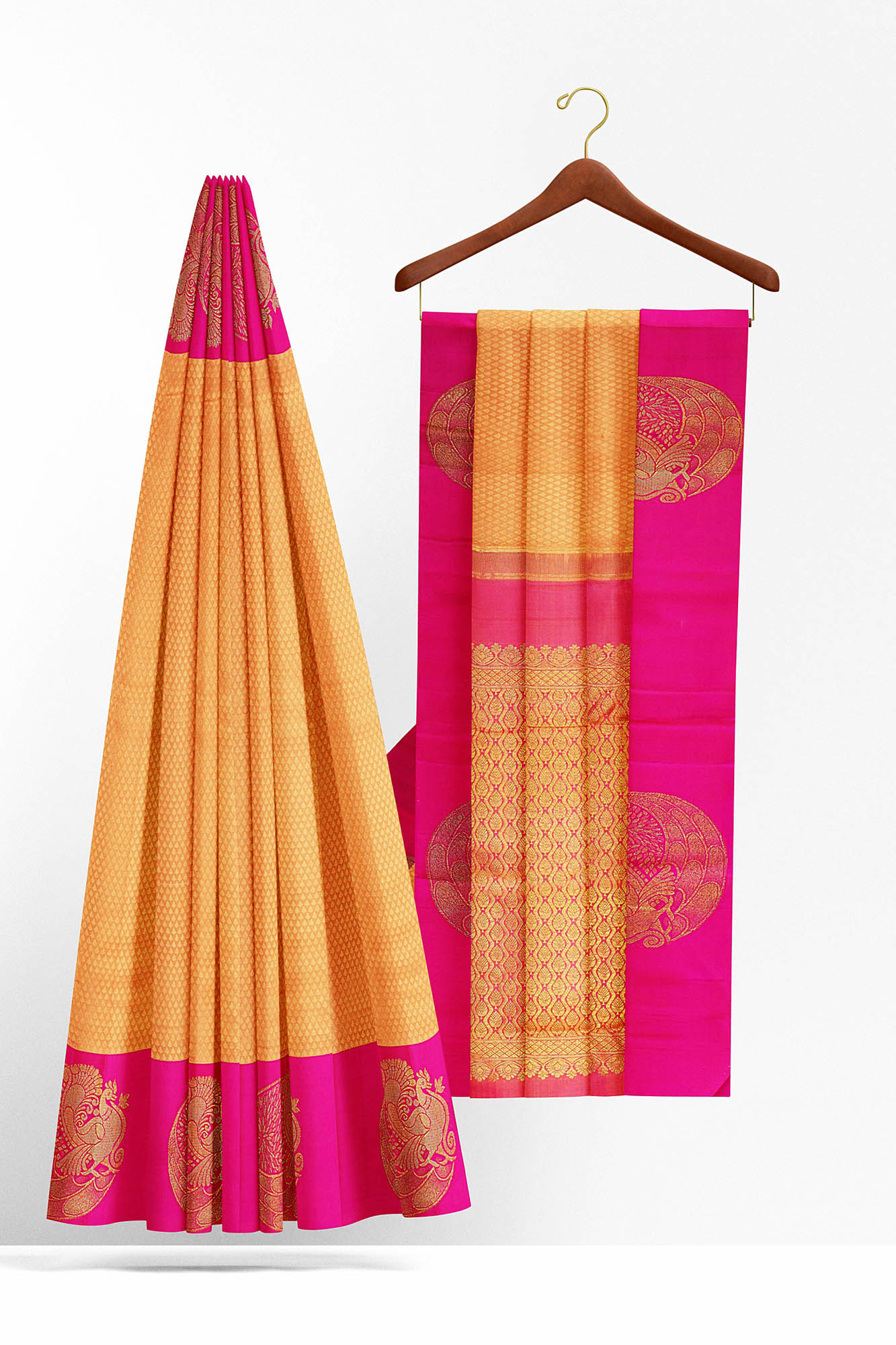 sri kumaran stores kanchipuram silk saree dark golden yellow saree with pink border 3