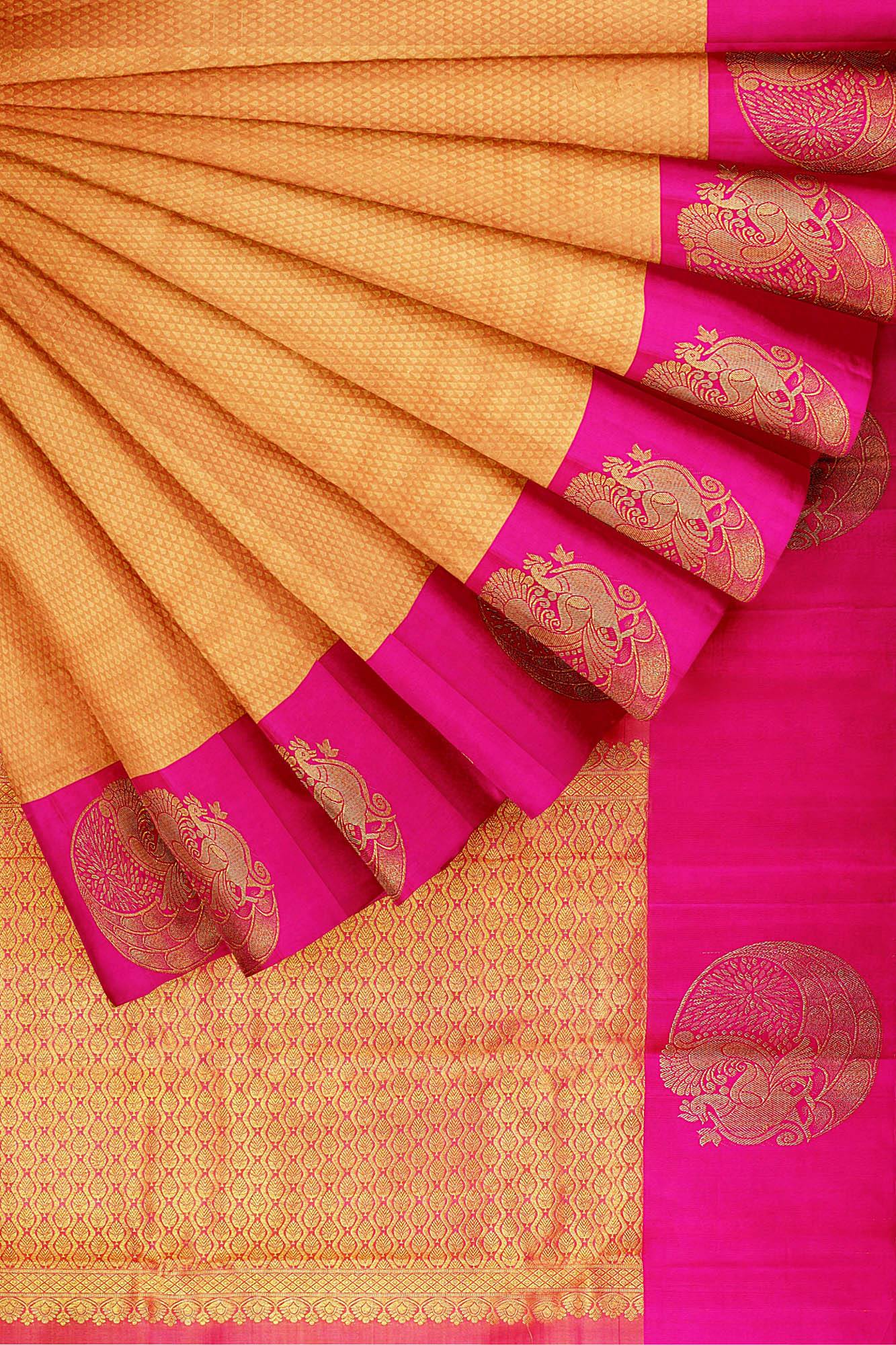 sri kumaran stores kanchipuram silk saree dark golden yellow saree with pink border 4
