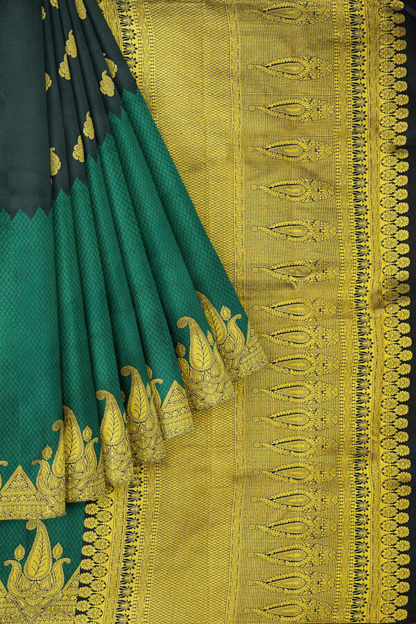 sri kumaran stores kanchipuram silk saree dark green and black saree with golden design border 1