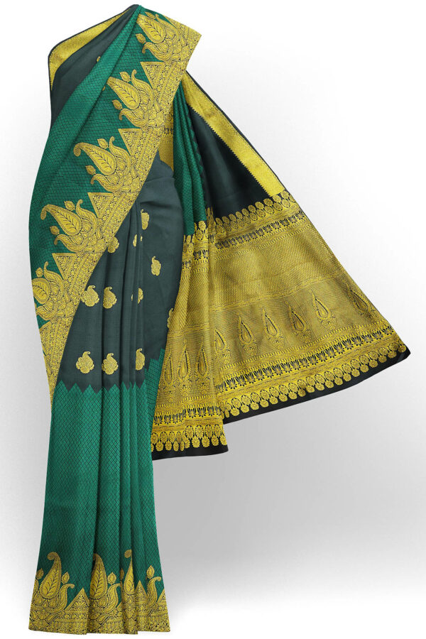 sri kumaran stores kanchipuram silk saree dark green and black saree with golden design border 2
