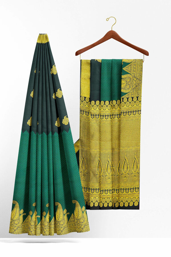 sri kumaran stores kanchipuram silk saree dark green and black saree with golden design border 3