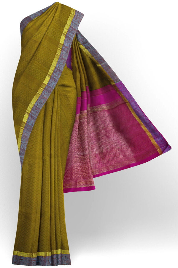 sri kumaran stores kanchipuram silk saree dark green saree with golden purple border 2