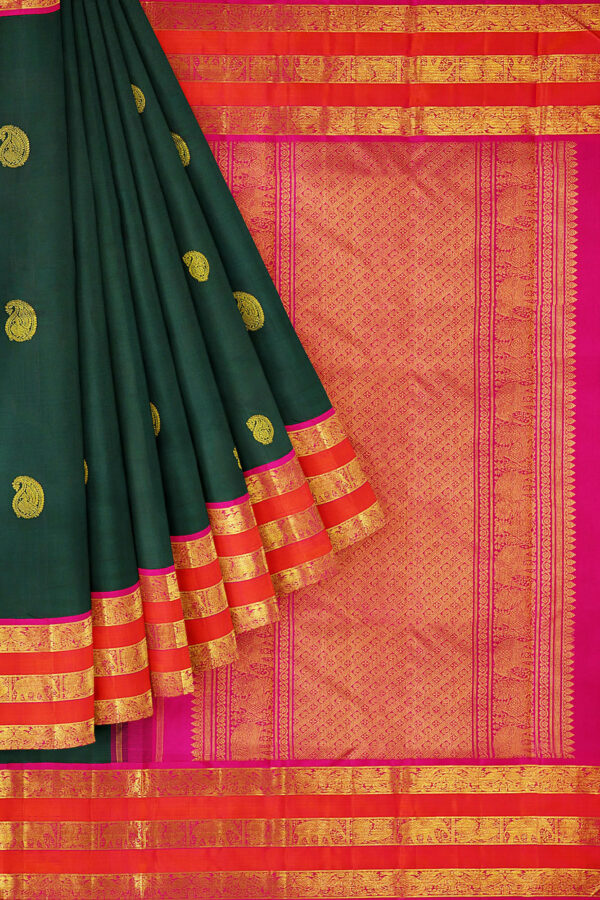 sri kumaran stores kanchipuram silk saree dark green saree with golden red border 1