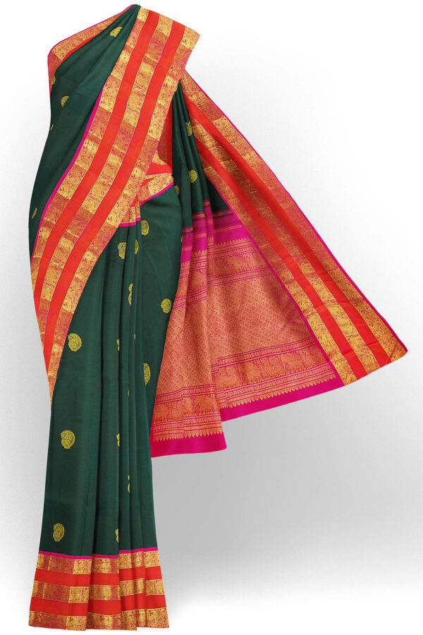sri kumaran stores kanchipuram silk saree dark green saree with golden red border 2