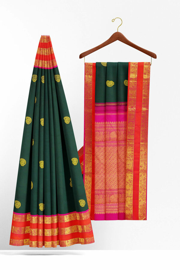 sri kumaran stores kanchipuram silk saree dark green saree with golden red border 3