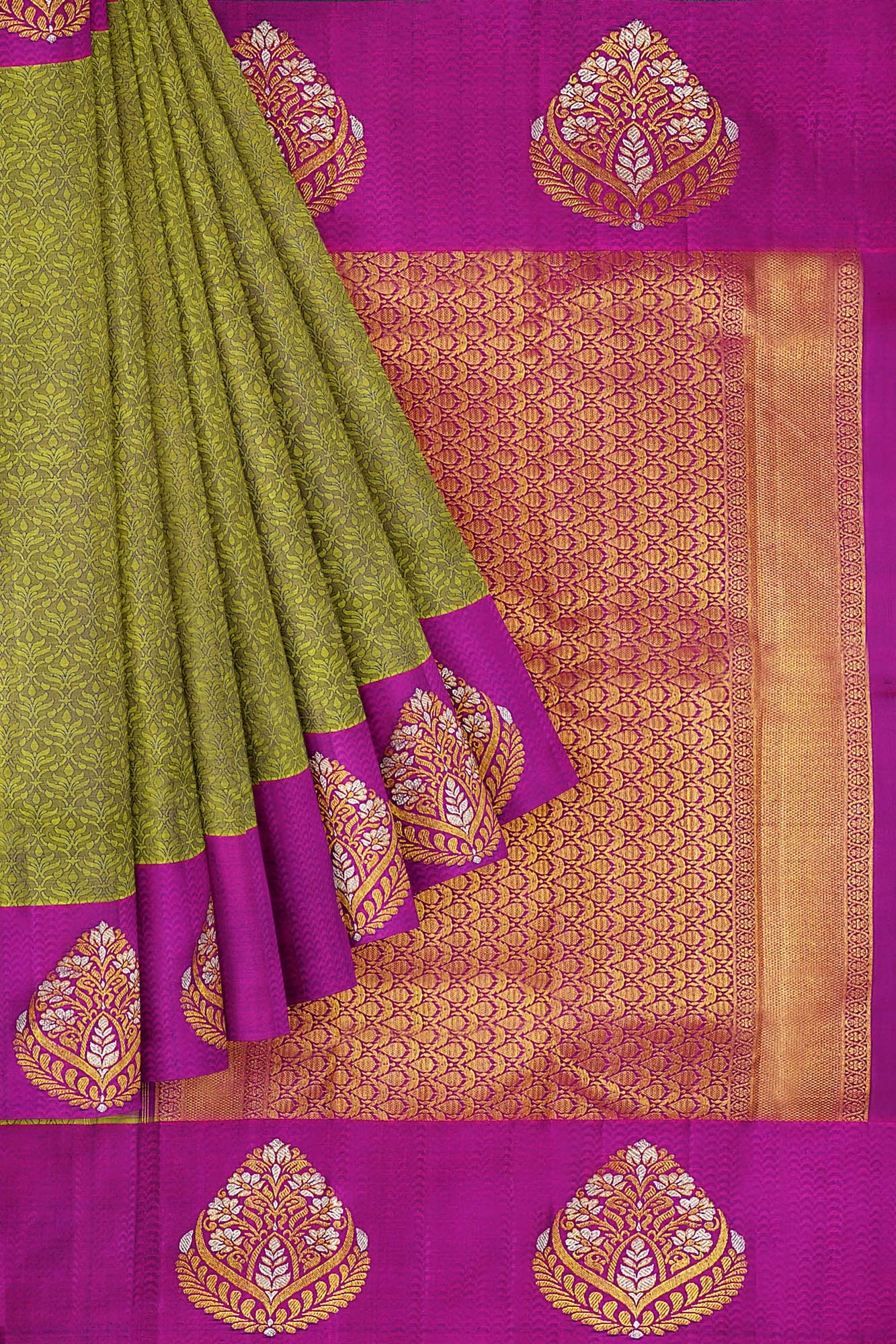 sri kumaran stores kanchipuram silk saree dark green saree with purple border 1