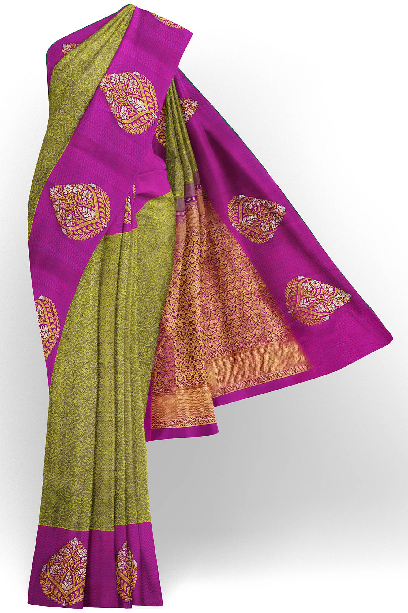 sri kumaran stores kanchipuram silk saree dark green saree with purple border 2