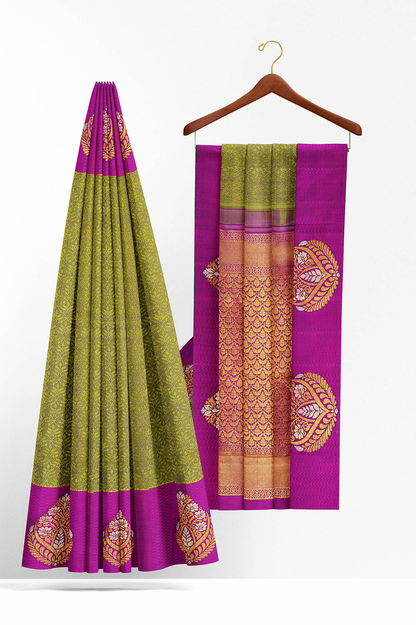 sri kumaran stores kanchipuram silk saree dark green saree with purple border 3