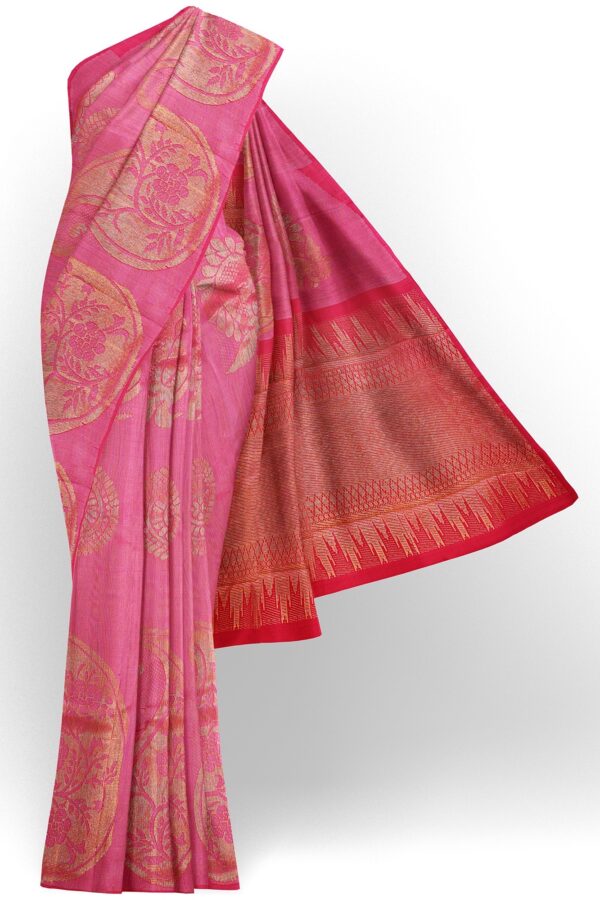 sri kumaran stores kanchipuram silk saree dark pink saree with golden pink border 2