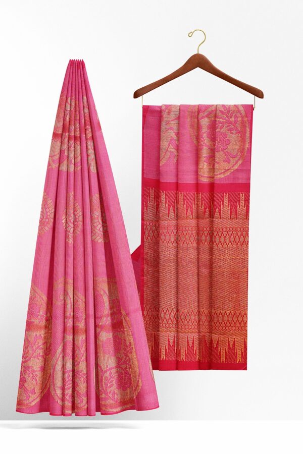 sri kumaran stores kanchipuram silk saree dark pink saree with golden pink border 3