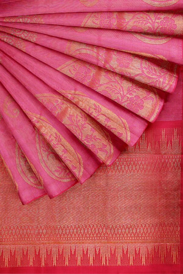 sri kumaran stores kanchipuram silk saree dark pink saree with golden pink border 4