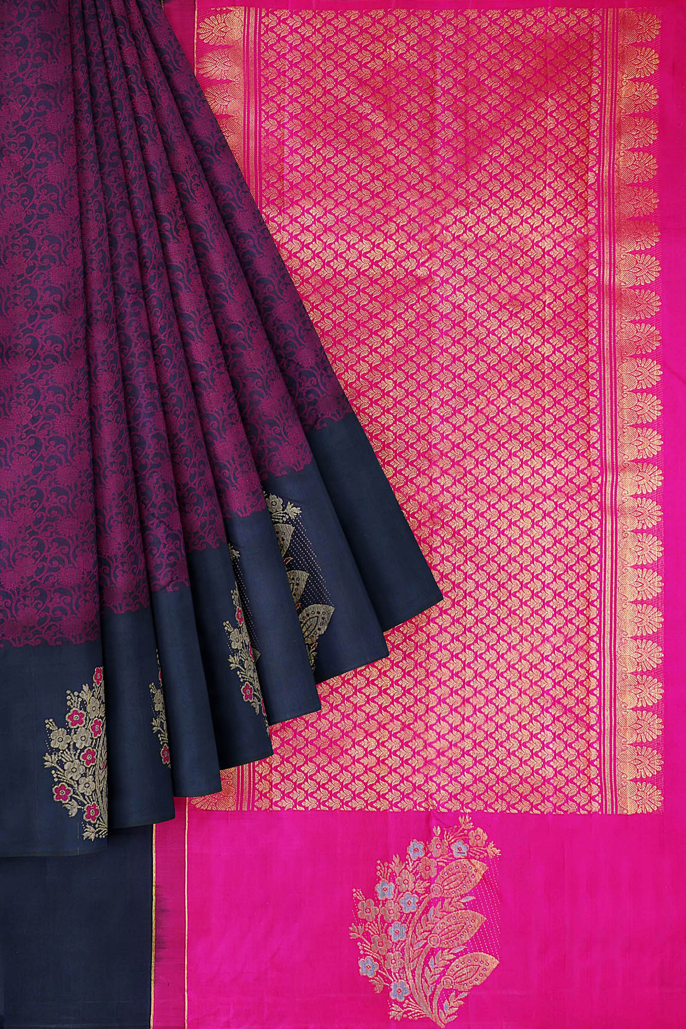 sri kumaran stores kanchipuram silk saree dark purple saree with dark blue border 1