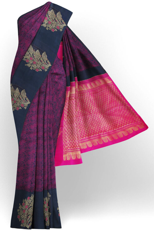 sri kumaran stores kanchipuram silk saree dark purple saree with dark blue border 2