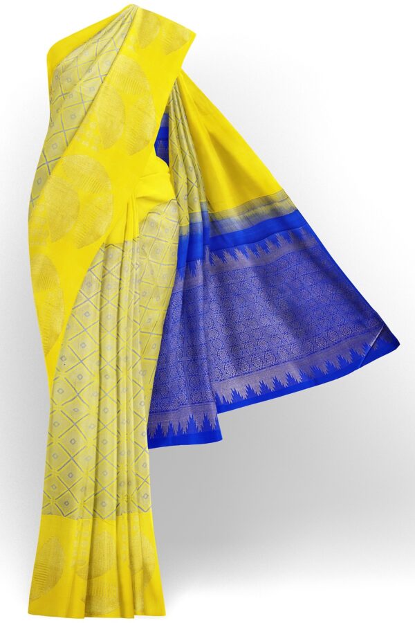 sri kumaran stores kanchipuram silk saree dark yellow saree with bright yellow border 2