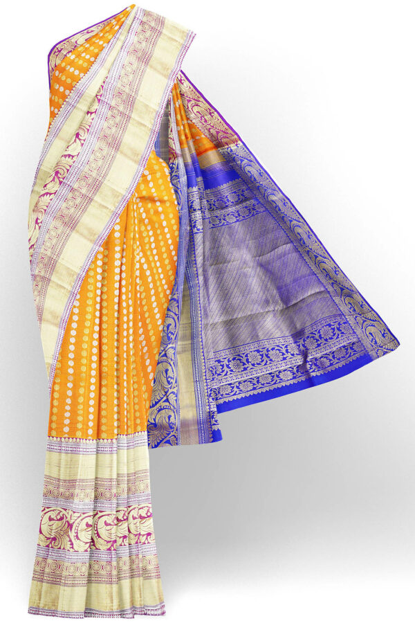 sri kumaran stores kanchipuram silk saree dark yellow saree with golden colour border 2