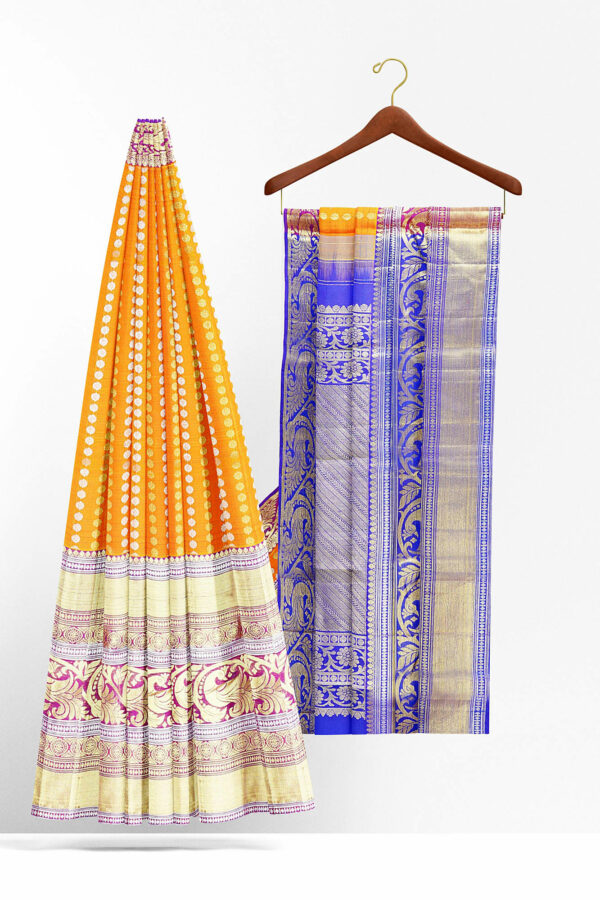 sri kumaran stores kanchipuram silk saree dark yellow saree with golden colour border 3