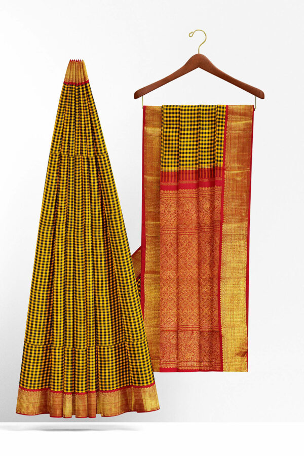 sri kumaran stores kanchipuram silk saree dark yellow saree with golden red border 3