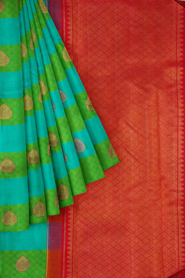 sri kumaran stores kanchipuram silk saree green blue saree with green border 1