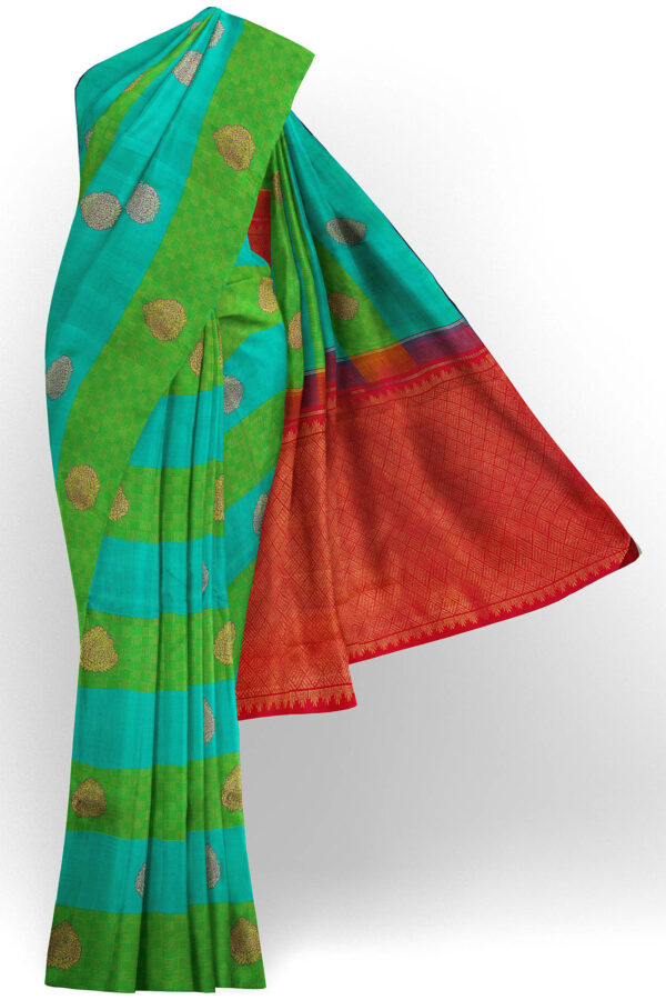 sri kumaran stores kanchipuram silk saree green blue saree with green border 2