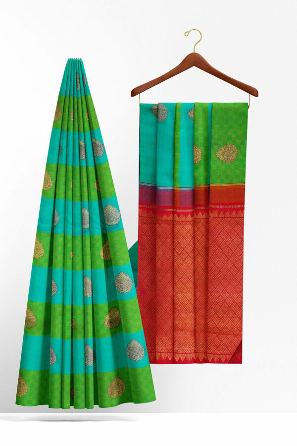 sri kumaran stores kanchipuram silk saree green blue saree with green border 3