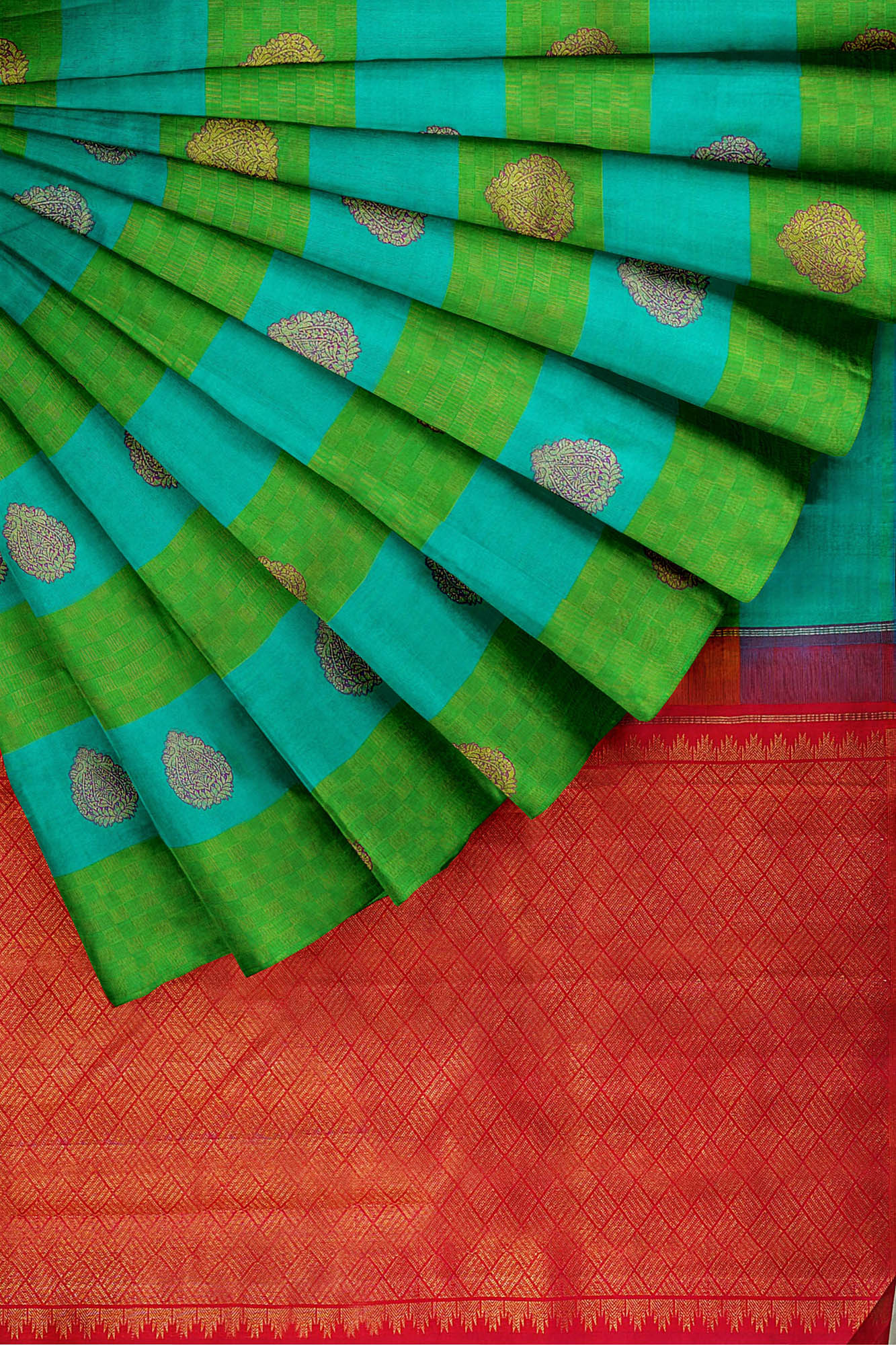 sri kumaran stores kanchipuram silk saree green blue saree with green border 4