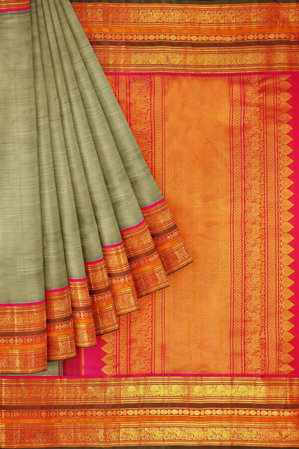sri kumaran stores kanchipuram silk saree greenish grey saree with golden orange border 1