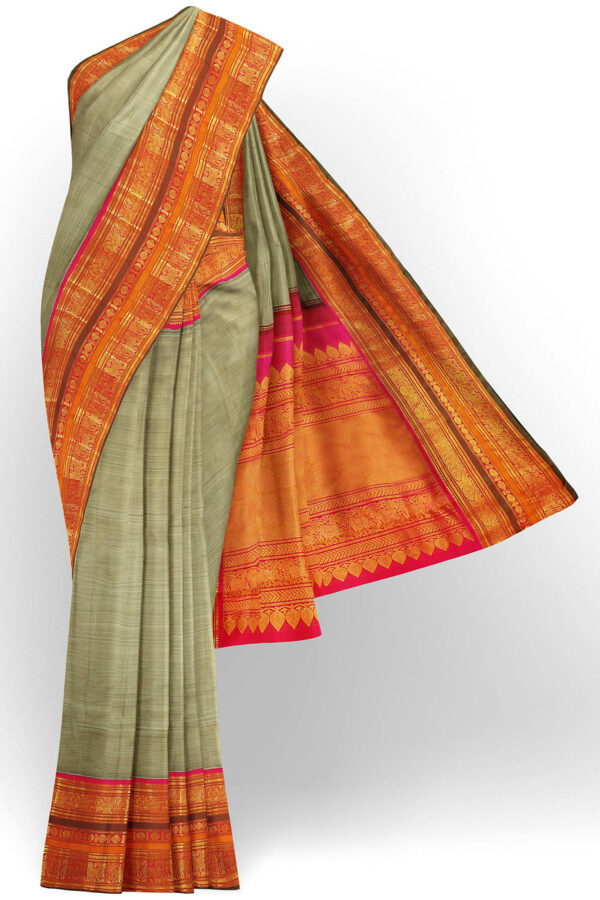 sri kumaran stores kanchipuram silk saree greenish grey saree with golden orange border 2