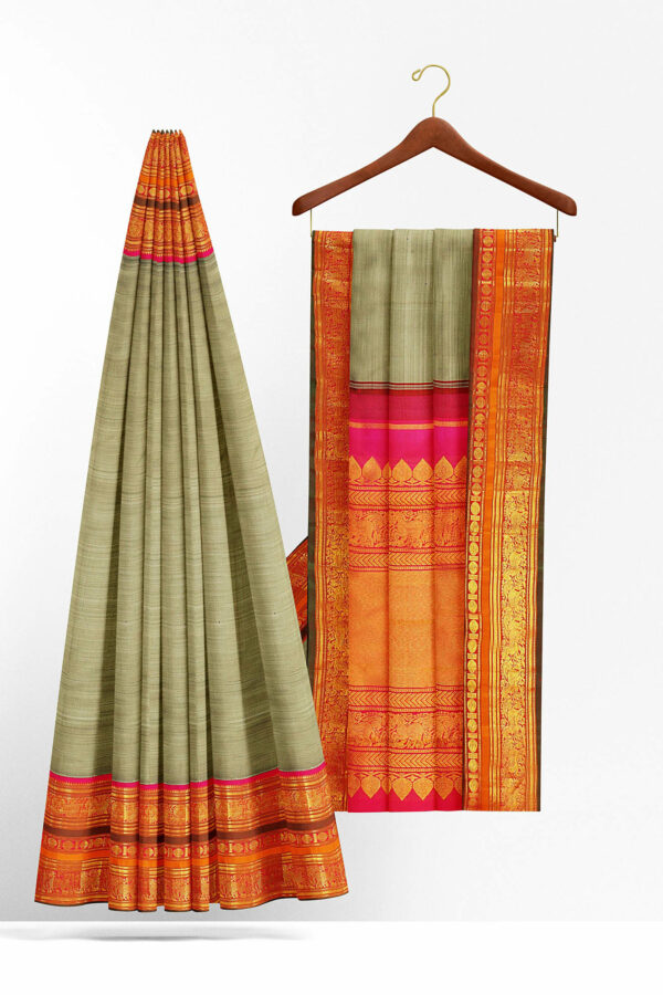 sri kumaran stores kanchipuram silk saree greenish grey saree with golden orange border 3