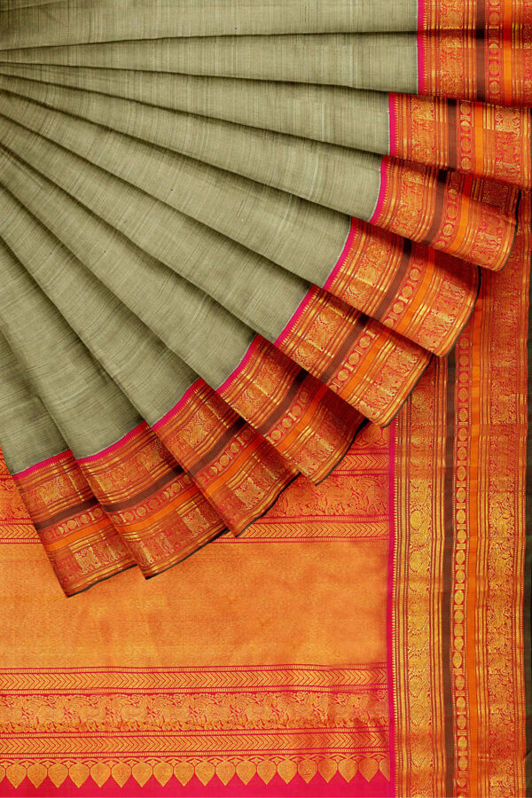 sri kumaran stores kanchipuram silk saree greenish grey saree with golden orange border 4