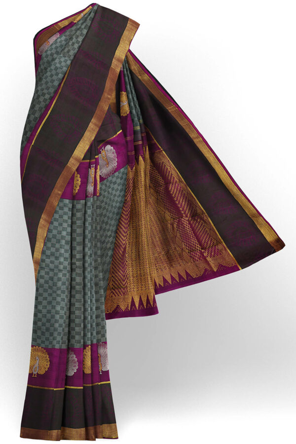 sri kumaran stores kanchipuram silk saree grey saree with golden brown border 2