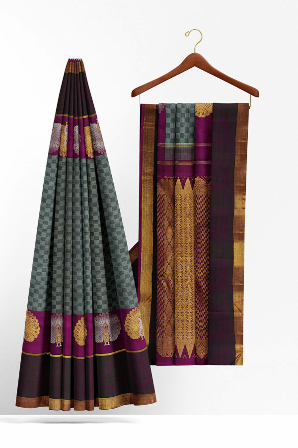 sri kumaran stores kanchipuram silk saree grey saree with golden brown border 3