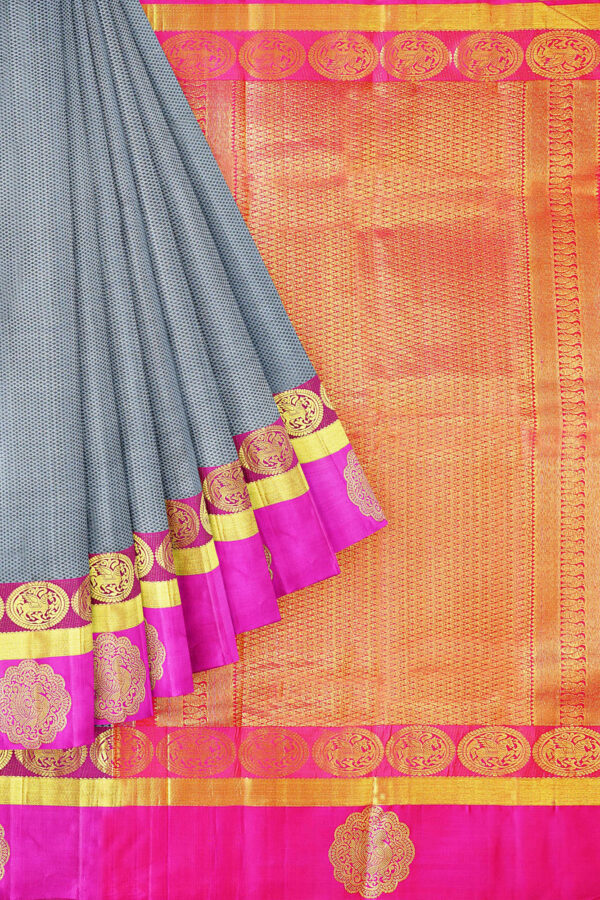 sri kumaran stores kanchipuram silk saree grey saree with golden pink border 1
