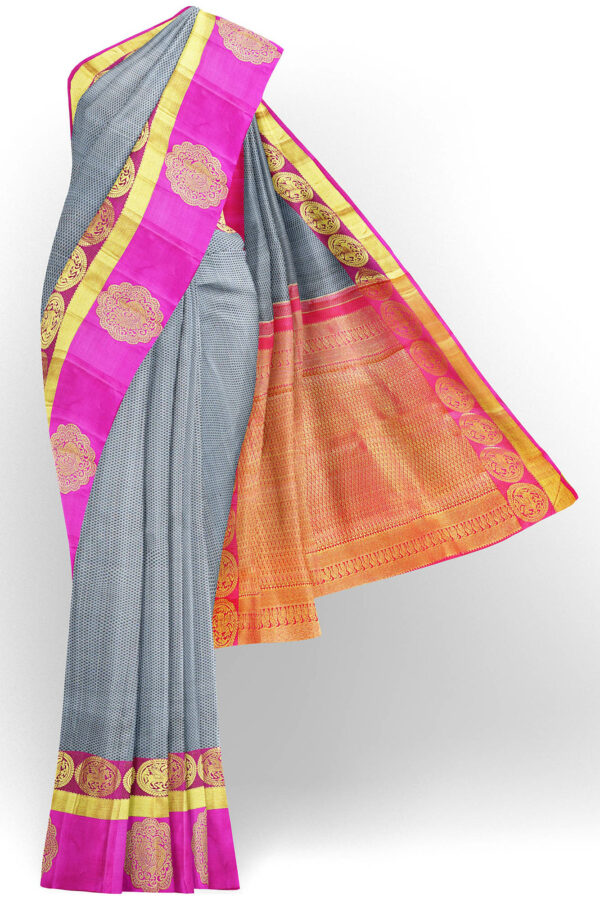 sri kumaran stores kanchipuram silk saree grey saree with golden pink border 2